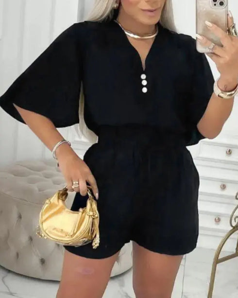 2 Pieces V Neck Button Decor Bell Sleeve Top and Casual Drawstring Stechy Waist Shorts Set black