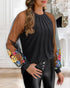 Floral Embroidery Round Neck Lantern Sleeve Blouse Sexy Sheer Mesh Patch Ruched Top black