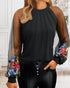 Floral Embroidery Round Neck Lantern Sleeve Blouse Sexy Sheer Mesh Patch Ruched Top black