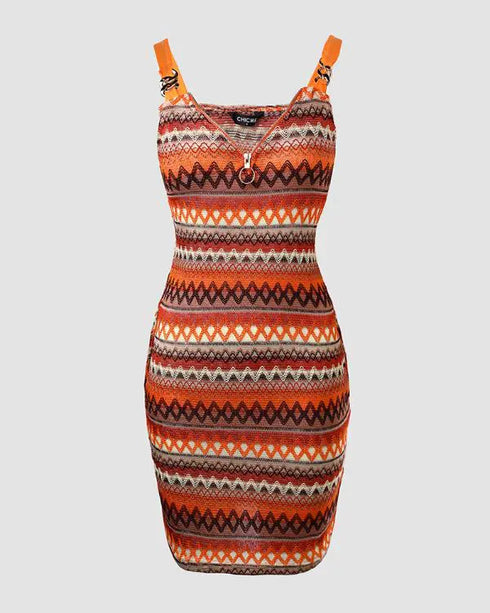 Chevron Pattern V-Neck Chain Decor Pocket Design Mini Dress Multicolor