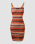 Chevron Pattern V-Neck Chain Decor Pocket Design Mini Dress Multicolor