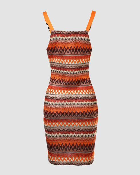 Chevron Pattern V-Neck Chain Decor Pocket Design Mini Dress Multicolor