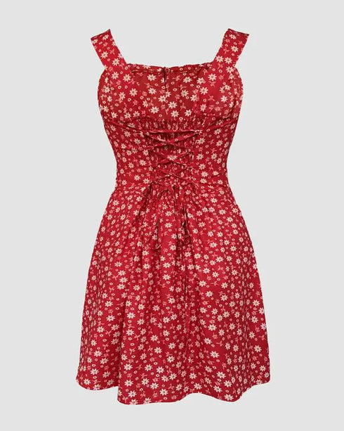 Floral Print Square Neck Thick Strap Tied Detail Romper Casual Shirred Lace-up Back Slit Skort Romper red