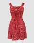 Floral Print Square Neck Thick Strap Tied Detail Romper Casual Shirred Lace-up Back Slit Skort Romper red