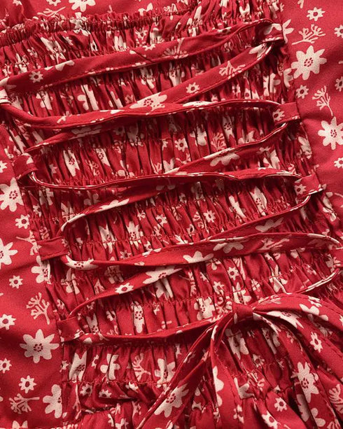 Floral Print Square Neck Thick Strap Tied Detail Romper Casual Shirred Lace-up Back Slit Skort Romper red