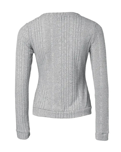 Crewneck Half Zipper Flap Detail Knit Sweater Long Sleeve Slim Fit Ribbed Pullover Top gray