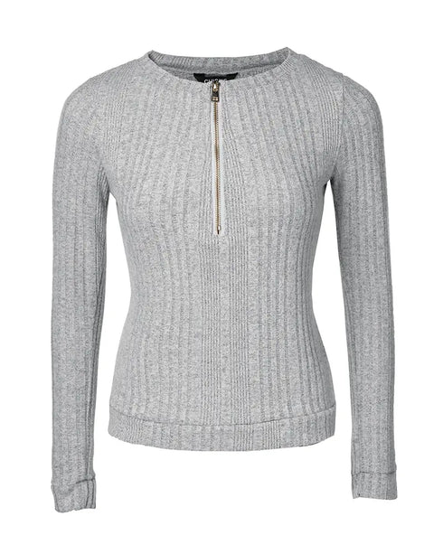 Crewneck Half Zipper Flap Detail Knit Sweater Long Sleeve Slim Fit Ribbed Pullover Top gray