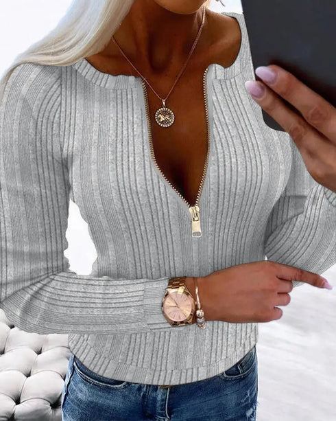 Crewneck Half Zipper Flap Detail Knit Sweater Long Sleeve Slim Fit Ribbed Pullover Top gray