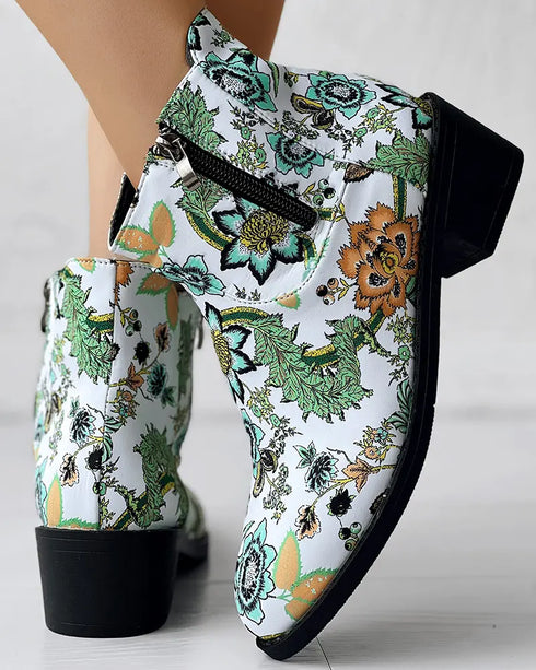 Vintage Floral Tribal Pattern Zipper Back Ankle Boots green