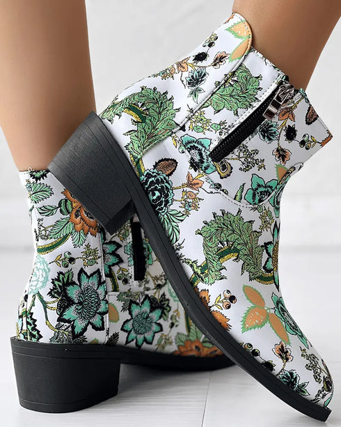 Vintage Floral Tribal Pattern Zipper Back Ankle Boots green