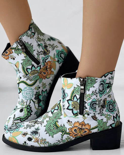 Vintage Floral Tribal Pattern Zipper Back Ankle Boots green