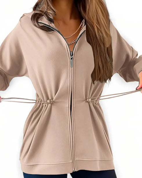 Long Sleeve Waist Drawstring Hooded Coat Casual Loose Fit Cardigan Jacket with Pockets khaki