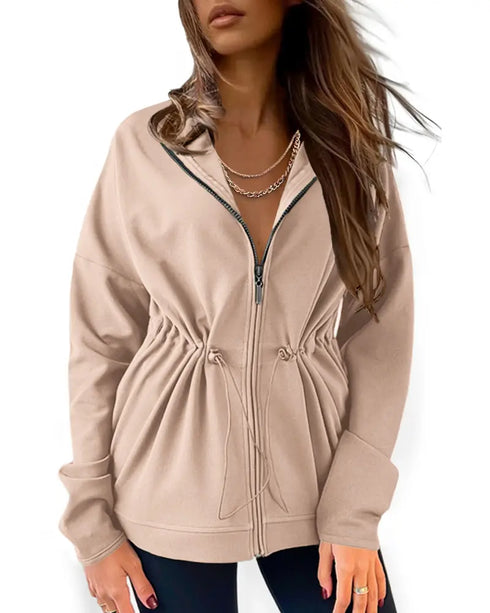 Long Sleeve Waist Drawstring Hooded Coat Casual Loose Fit Cardigan Jacket with Pockets khaki