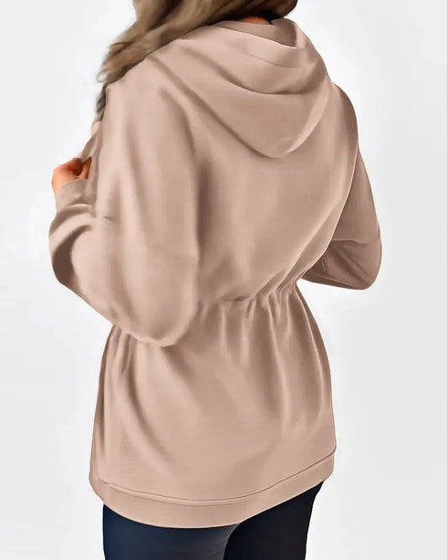 Long Sleeve Waist Drawstring Hooded Coat Casual Loose Fit Cardigan Jacket with Pockets khaki