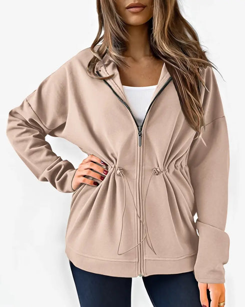 Long Sleeve Waist Drawstring Hooded Coat Casual Loose Fit Cardigan Jacket with Pockets khaki