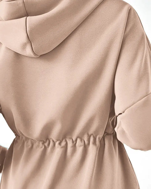 Long Sleeve Waist Drawstring Hooded Coat Casual Loose Fit Cardigan Jacket with Pockets khaki