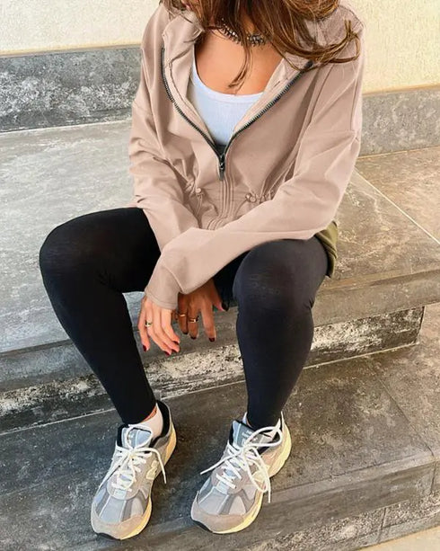 Long Sleeve Waist Drawstring Hooded Coat Casual Loose Fit Cardigan Jacket with Pockets khaki