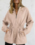 Long Sleeve Waist Drawstring Hooded Coat Casual Loose Fit Cardigan Jacket with Pockets khaki