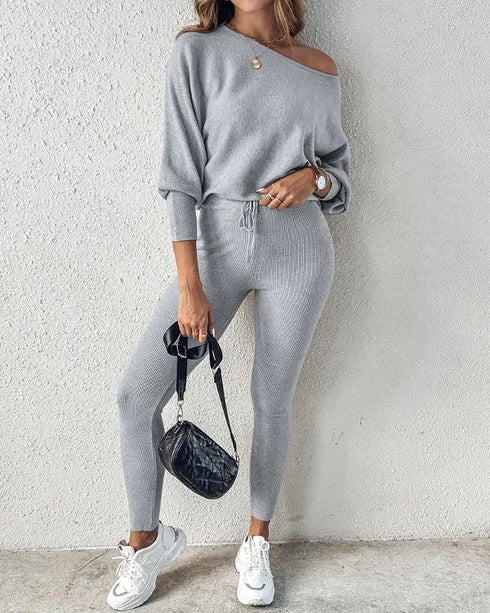 Geo Tape Patch Gigot Sleeve Top & Pants Set gray