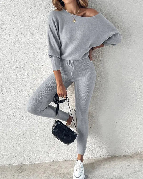 Geo Tape Patch Gigot Sleeve Top & Pants Set gray