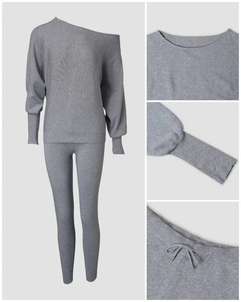 Geo Tape Patch Gigot Sleeve Top & Pants Set gray