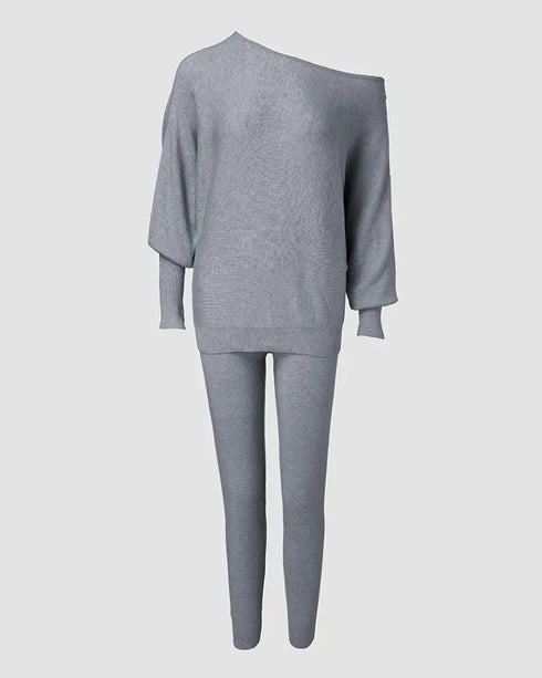 Geo Tape Patch Gigot Sleeve Top & Pants Set gray