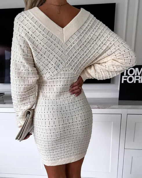 V-Neck Hollow Out Long Sleeve Knit Dress Apricot