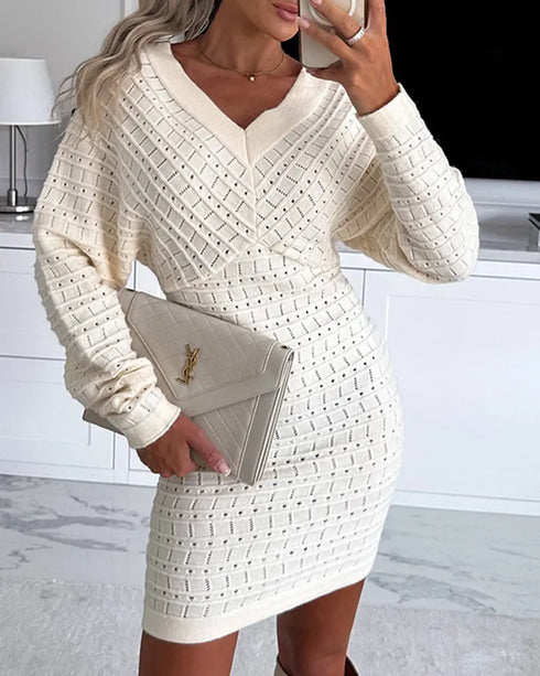 V-Neck Hollow Out Long Sleeve Knit Dress Apricot