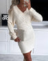 V-Neck Hollow Out Long Sleeve Knit Dress Apricot