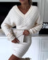 V-Neck Hollow Out Long Sleeve Knit Dress Apricot