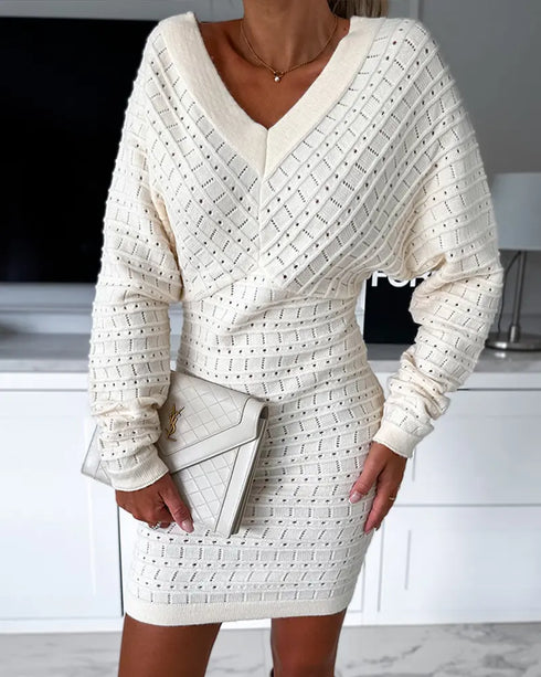 V-Neck Hollow Out Long Sleeve Knit Dress Apricot