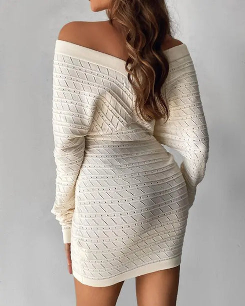 V-Neck Hollow Out Long Sleeve Knit Dress Apricot
