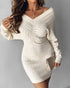 V-Neck Hollow Out Long Sleeve Knit Dress Apricot