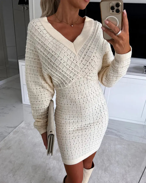 V-Neck Hollow Out Long Sleeve Knit Dress Apricot