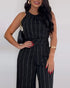 2 Pieces Outfit Striped Sleeveless Zipper Back Top and Button Decor High Waist Wide Leg Pants Set black