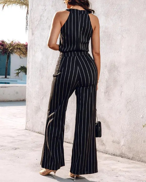 2 Pieces Outfit Striped Sleeveless Zipper Back Top and Button Decor High Waist Wide Leg Pants Set black