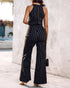 2 Pieces Outfit Striped Sleeveless Zipper Back Top and Button Decor High Waist Wide Leg Pants Set black