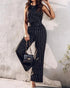 2 Pieces Outfit Striped Sleeveless Zipper Back Top and Button Decor High Waist Wide Leg Pants Set black