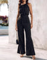 2 Pieces Outfit Striped Sleeveless Zipper Back Top and Button Decor High Waist Wide Leg Pants Set black