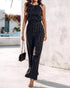 2 Pieces Outfit Striped Sleeveless Zipper Back Top and Button Decor High Waist Wide Leg Pants Set black