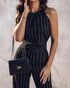 2 Pieces Outfit Striped Sleeveless Zipper Back Top and Button Decor High Waist Wide Leg Pants Set black
