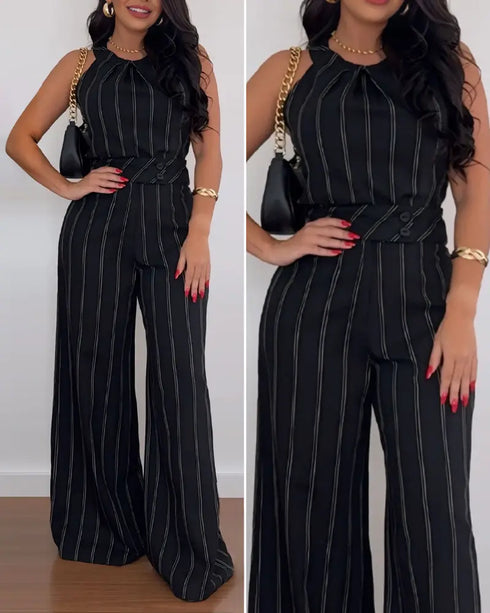 2 Pieces Outfit Striped Sleeveless Zipper Back Top and Button Decor High Waist Wide Leg Pants Set black