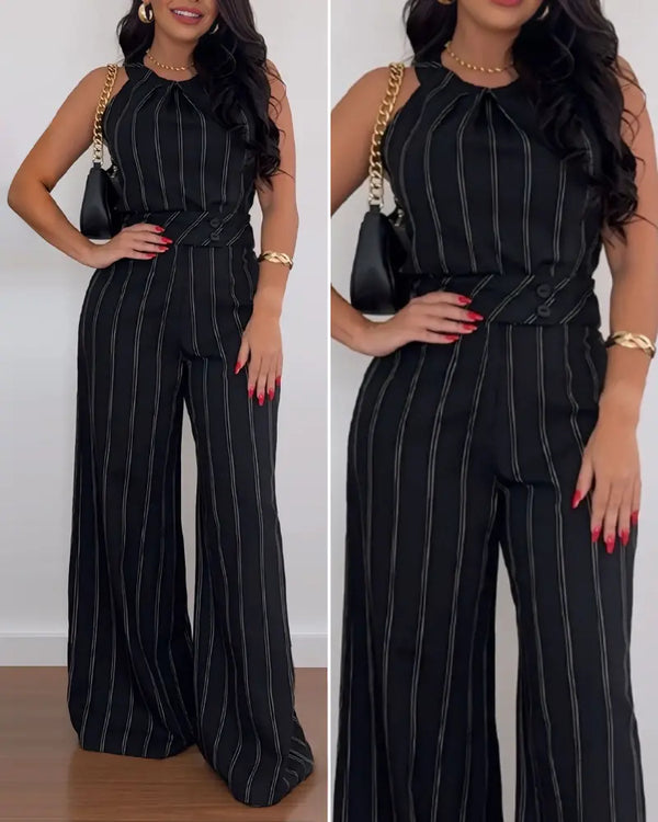 2 Pieces Outfit Striped Sleeveless Zipper Back Top and Button Decor High Waist Wide Leg Pants Set black