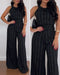 2 Pieces Outfit Striped Sleeveless Zipper Back Top and Button Decor High Waist Wide Leg Pants Set black