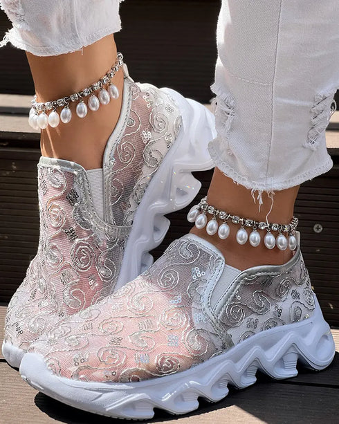 Sequined Mesh Breathable Lightweight Sole Slip-On Casual Flat Sneakers silver