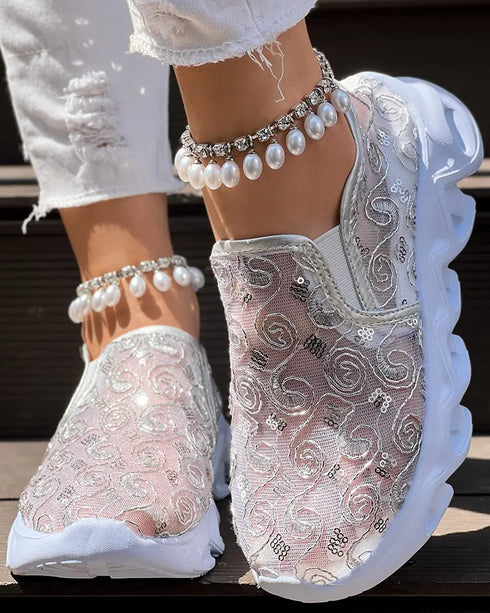 Sequined Mesh Breathable Lightweight Sole Slip-On Casual Flat Sneakers silver