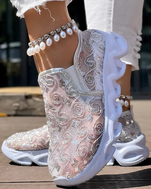 Sequined Mesh Breathable Lightweight Sole Slip-On Casual Flat Sneakers silver