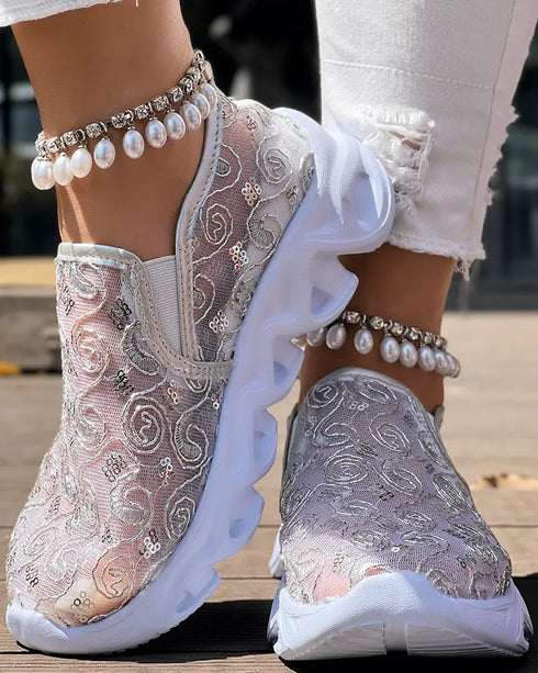 Sequined Mesh Breathable Lightweight Sole Slip-On Casual Flat Sneakers silver