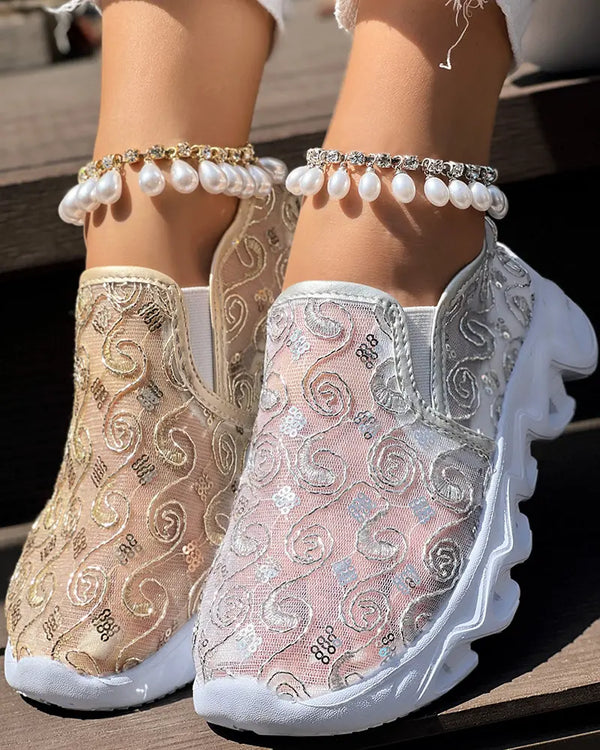 Sequined Mesh Breathable Lightweight Sole Slip-On Casual Flat Sneakers silver