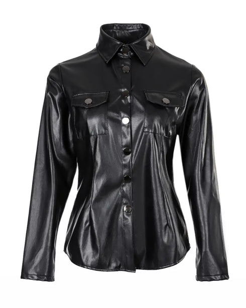 PU Leather Long Sleeve Flap Pocket Design Button Down Top black